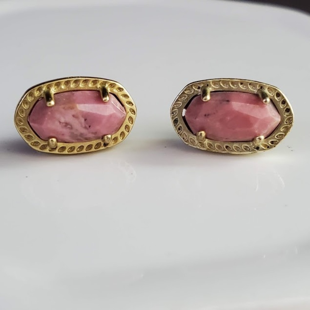 Kendra Scott Ellie Stud Earrings Gold Tone Pink Rhodonite Stone Classic Dainty